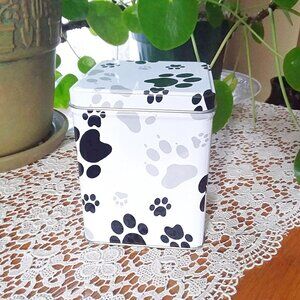 White Paw Print Tin with Lid, Pet Treat Can, Paw Decor